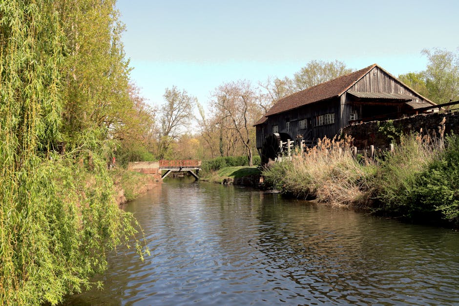 A view of a narrow river flowing gently through a rural area, with lush green trees and foliage on both sides. On the right bank, there is an old wooden watermill structure with weathered dark brown timber walls and a sloped roof, positioned close to the water's edge. The watermill includes a large wheel, partially visible, connected to the building, indicating its historical use for milling or water management. A small stone bridge spans the river further in the background, blending into the natural setting. The sky above is clear and blue, and the scene is well-lit, highlighting the textures of the wooden watermill, the greenery, and the rippling surface of the river. This peaceful environment reflects a traditional rural landscape, suitable for illustrating themes related to property relocation, moving logistics, or rural house removals, with [COMPANY_NAME] providing professional services in house removals and furniture transport in the Mill Hill NW7 area.